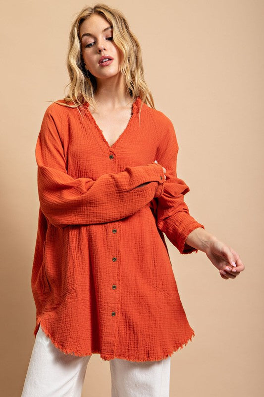 Button Down Frayed Hem Top Red Clay