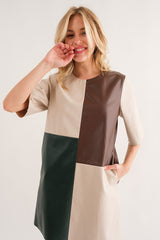 Color Block Faux Leather Dress Ivory/Pink - Southern Fashion Boutique Bliss