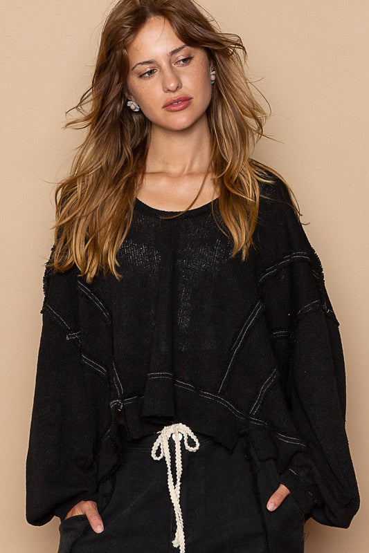 Balloon Sleeve Hooded Knit Top Black