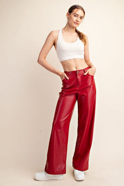 PU Leather Straight Pants Dark Red