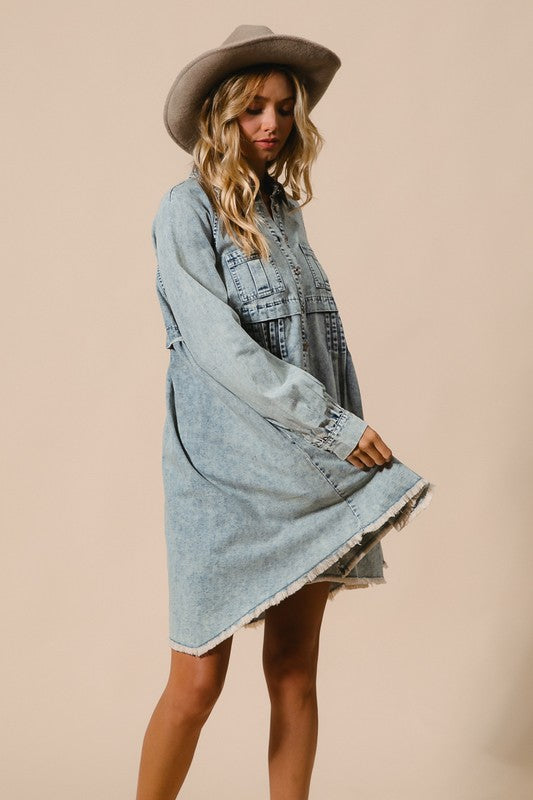 MIneral Washed Burron Down Dress Light Denim