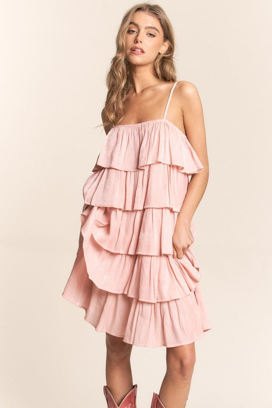 Spaghetti Strap Tiered Ruffle Mini Dress Pink