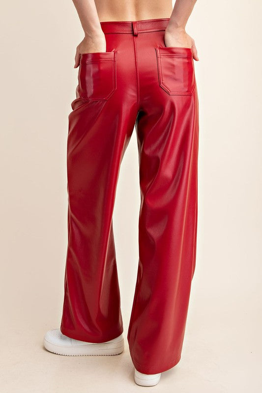 PU Leather Straight Pants Dark Red