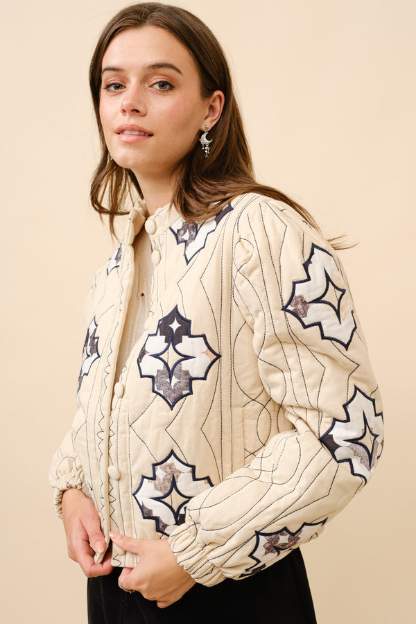 Quilted Covered Button Embroidered Jacket Beige