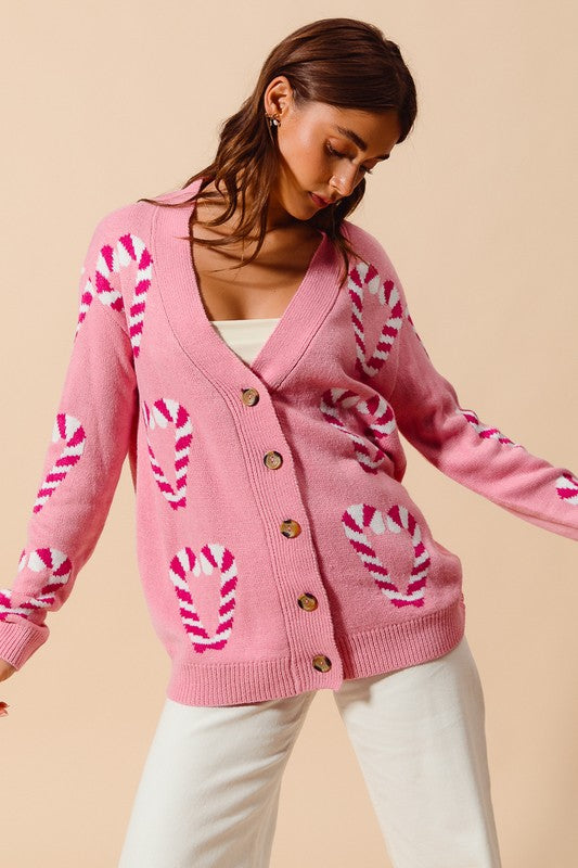 Christmas Candy Cane Sweater Cardigan Pink