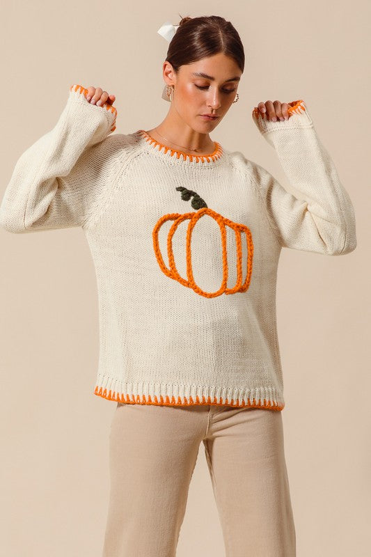 Pumpkin Embroidered Blanket Sweater Ivory