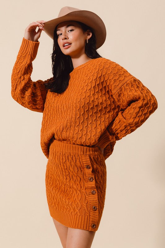 Cable Knit Sweater Skirt Set Rust