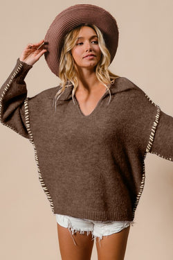 Soft Sweater Contrast Stitching Top Mocha