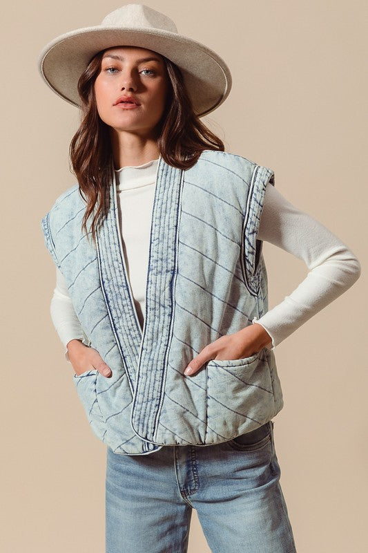 Washed Vintage Quilted Pocket Vest Denim