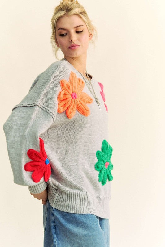 Floral Patched Pullover Sweater Silver