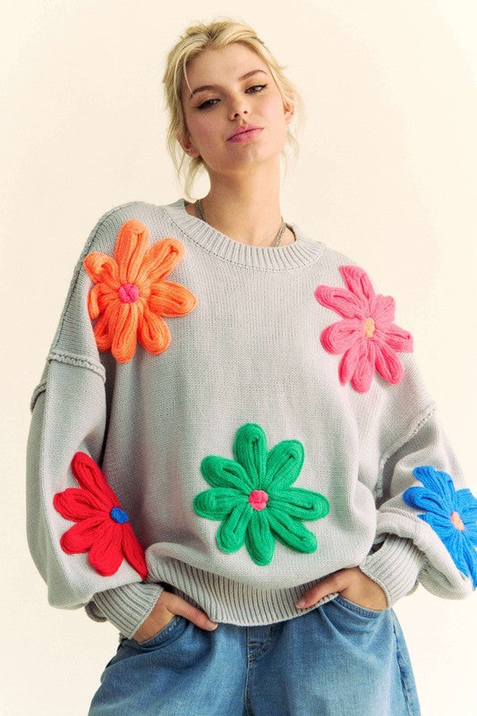 Floral Patched Pullover Sweater Silver