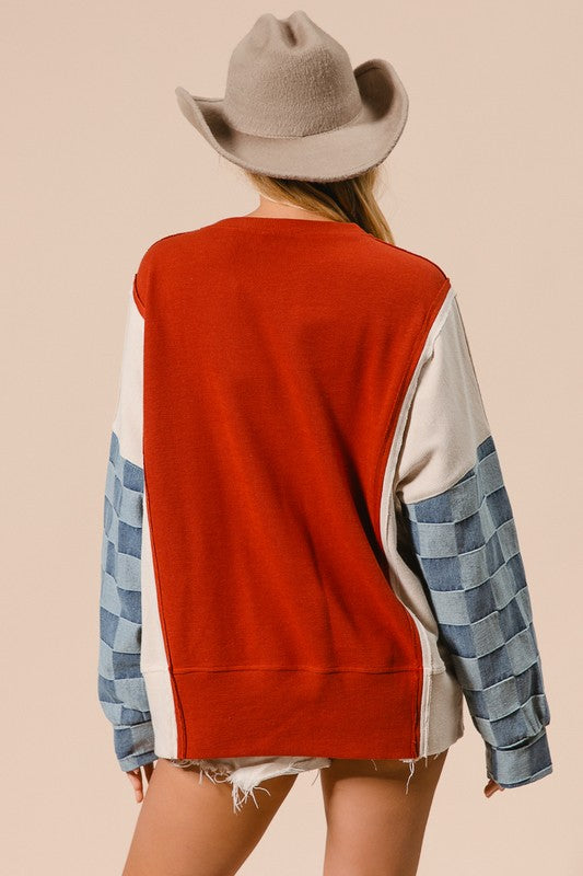 Washed Color Block Denim Sleeve Top Rust