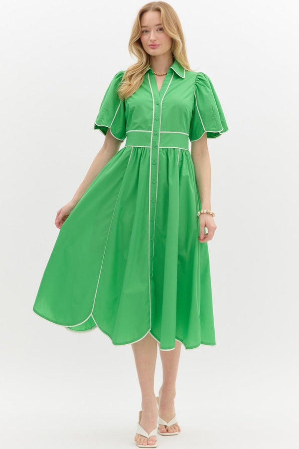 Solid Elbow Length Sleeve Midi Dress Green