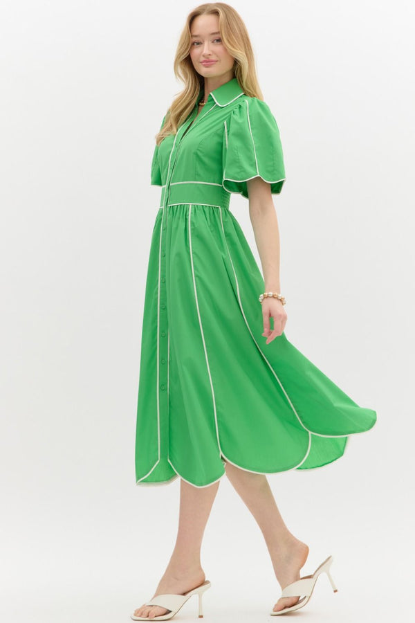 Solid Elbow Length Sleeve Midi Dress Green