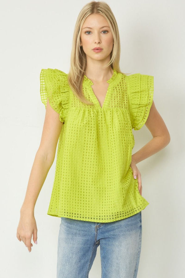 Sheer Grid Print Sleeveless Top Chartreuse