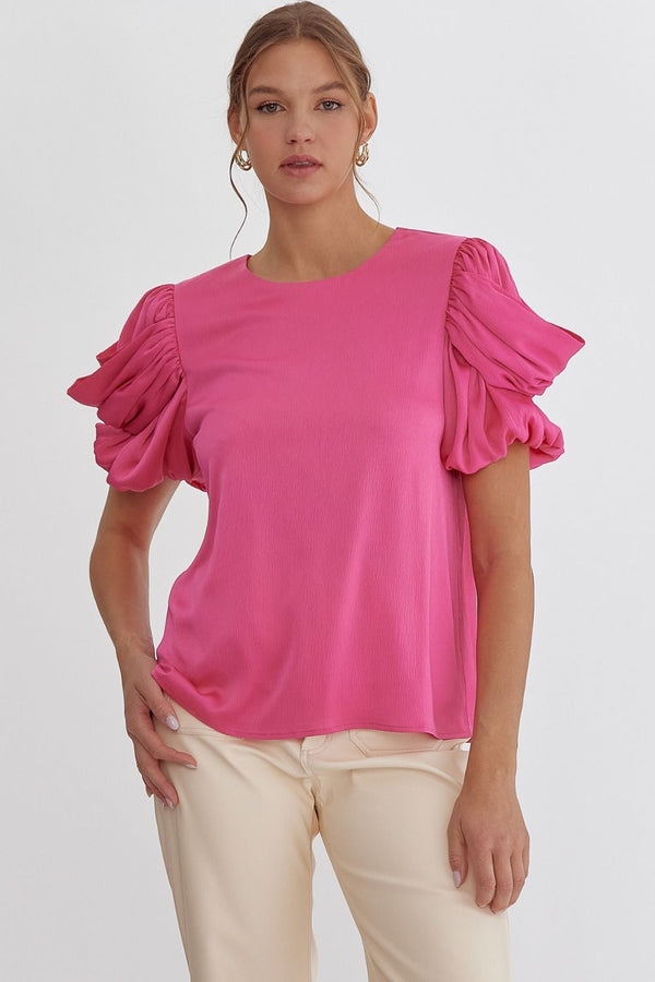 Satin Ruched Short Sleeve Top Pink