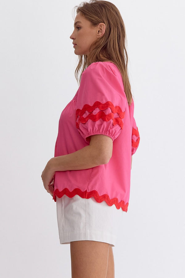 Solid Bubble Sleeve V-Neck Top Pink