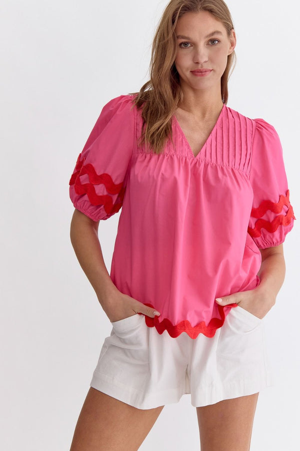 Solid Bubble Sleeve V-Neck Top Pink