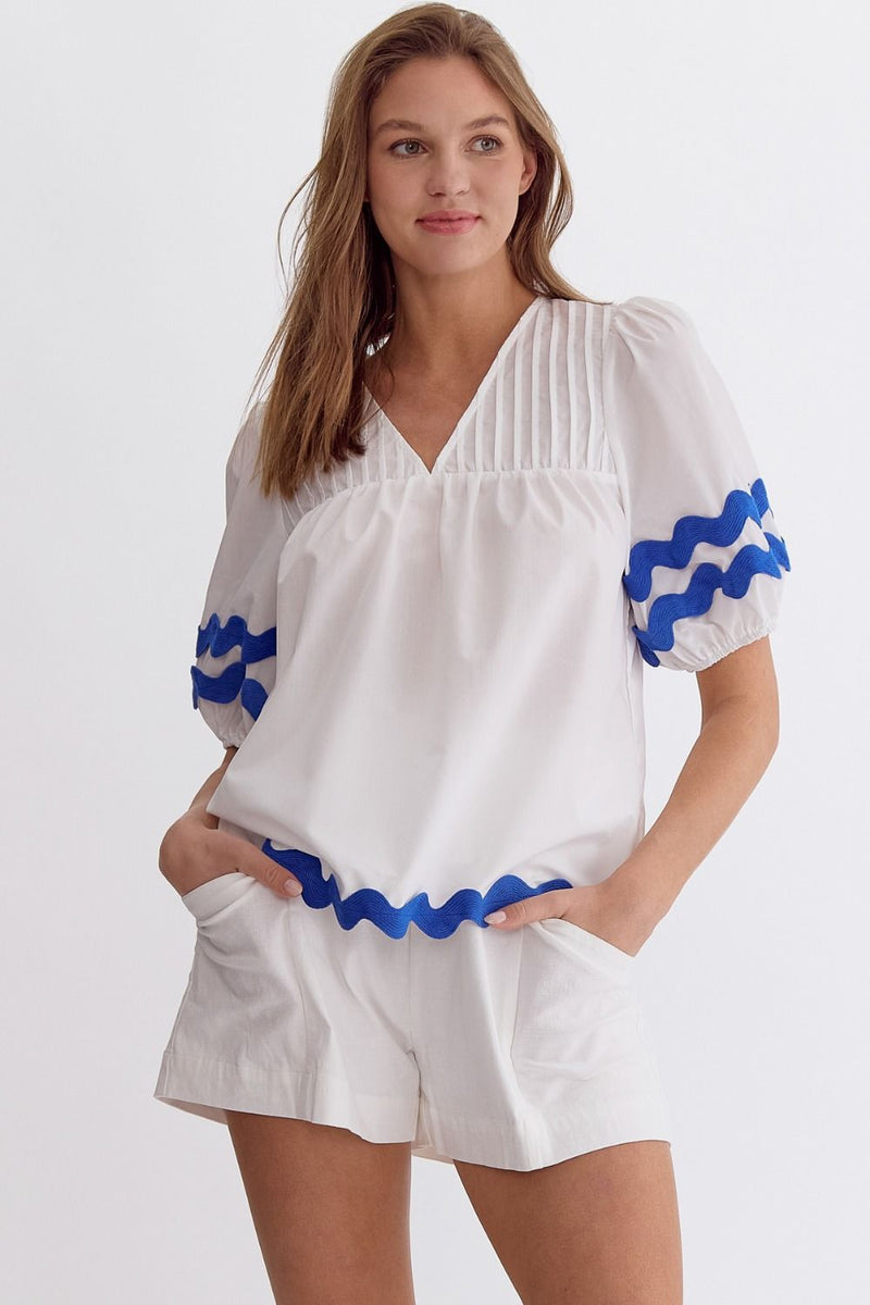 Solid Bubble Sleeve V-Neck Top Off White