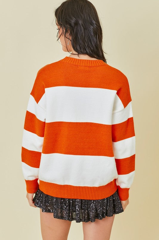 Halloween Skeleton Stripe Sweater Orange