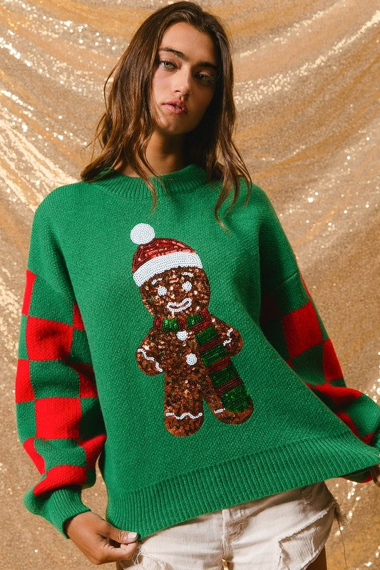 Sequin Gingerbread Christmas Sweater Green