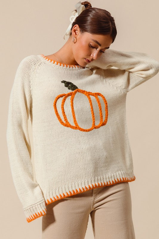 Pumpkin Embroidered Blanket Sweater Ivory