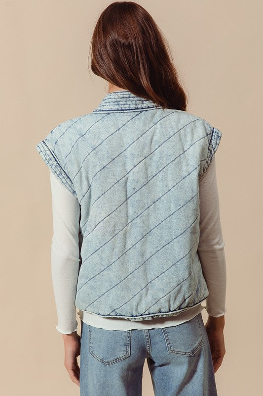 Washed Vintage Quilted Pocket Vest Denim