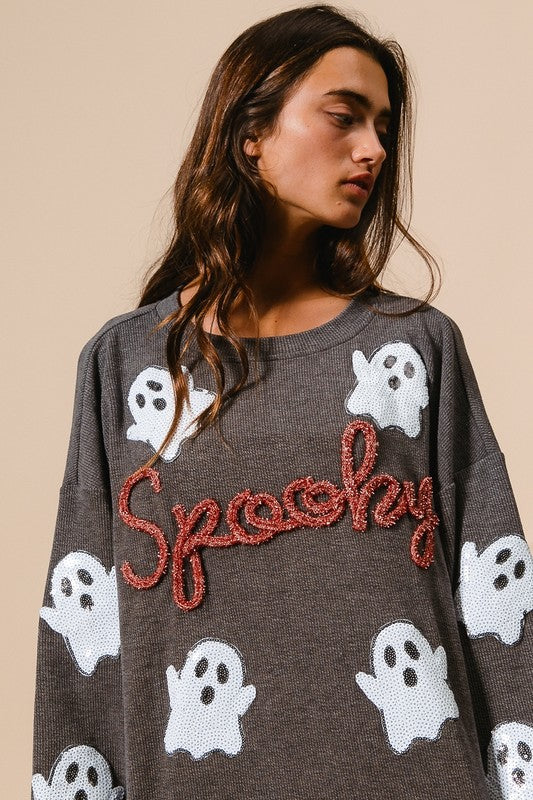 Sequin Ghost Patch Spooky Pullover Charcoal