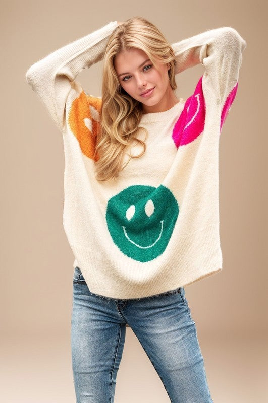 Smile Print Loose Fit Sweater Beige Multi