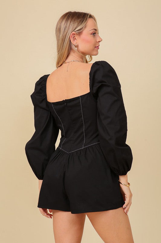 Long Sleeve Corset Stitch Romper Black - Southern Fashion Boutique