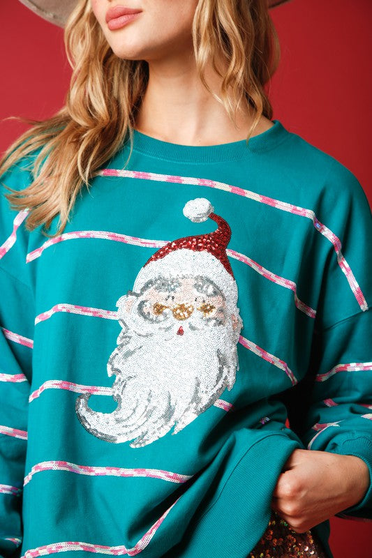 Sequin Striped Santa Patch Sweatshirt Teal
