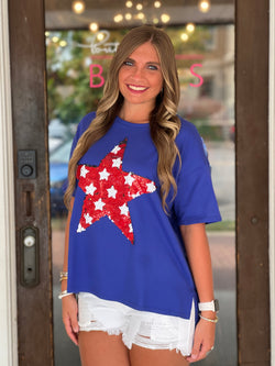 Half Sleeve Sequin Star Top Royal Blue