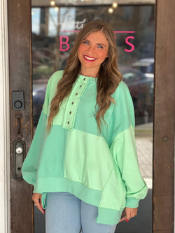 Color Block Sweatshirt w/Placket Green Multi