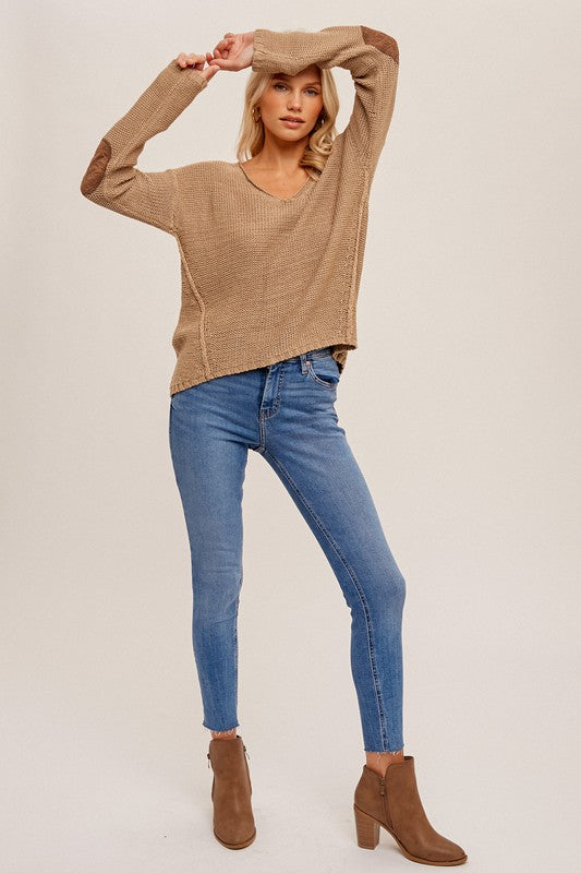 V-Neck Elbow Patch Sweater Top Khaki - Southern Fashion Boutique Bliss