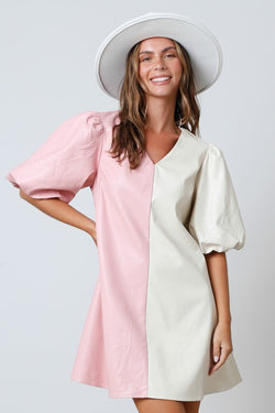 Color Block Faux Leather Dress Ivory/Pink - Southern Fashion Boutique Bliss