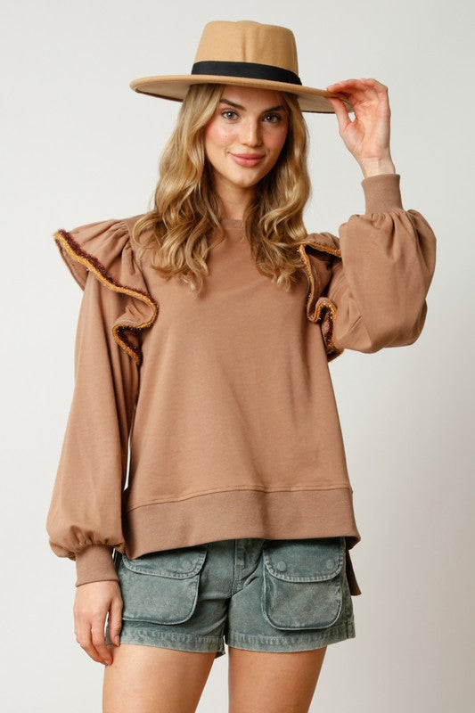 French Terry Ruffled Shoulder Top Camel