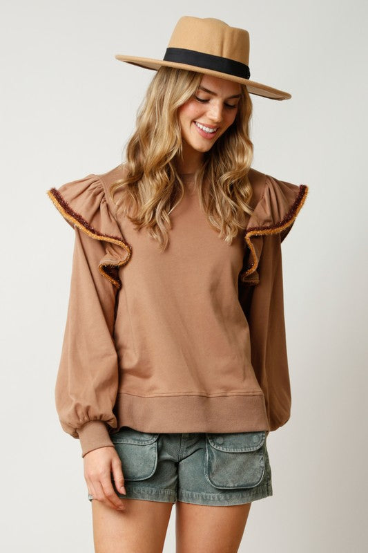 French Terry Ruffled Shoulder Top Camel