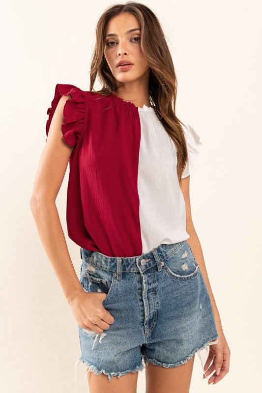 Game Day Ruffle Sleeveless Top Crimson White