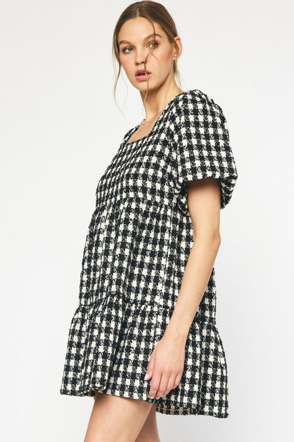 Houndstooth Puff Sleeve Dress Hunter Black