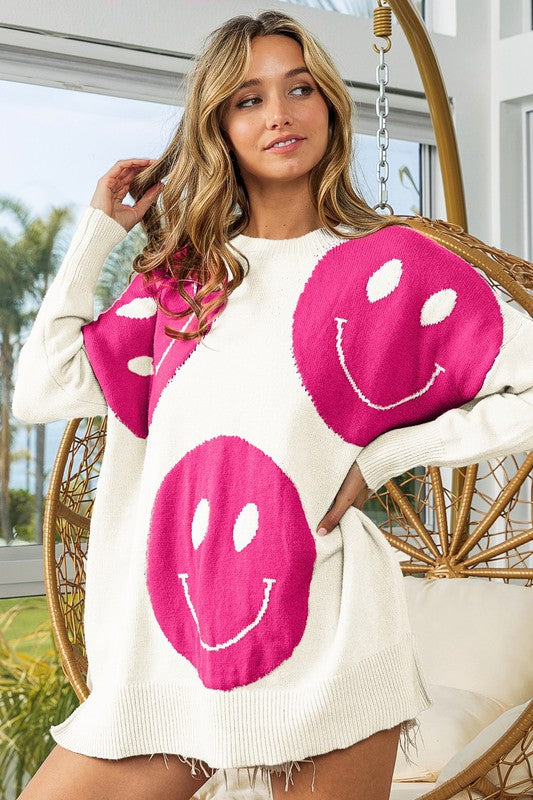 Big Smiley Embroidered Sweater Ivory/Fuchsia