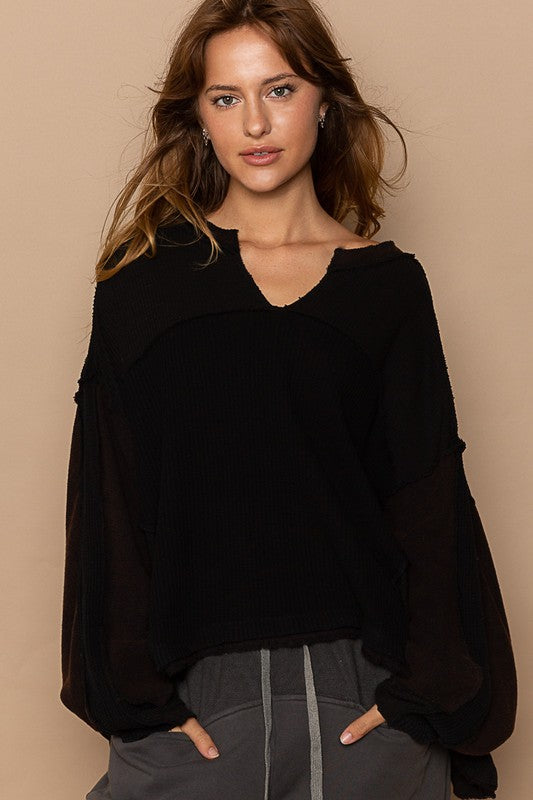 Thermal Ribbed Color Block Knit Top Black