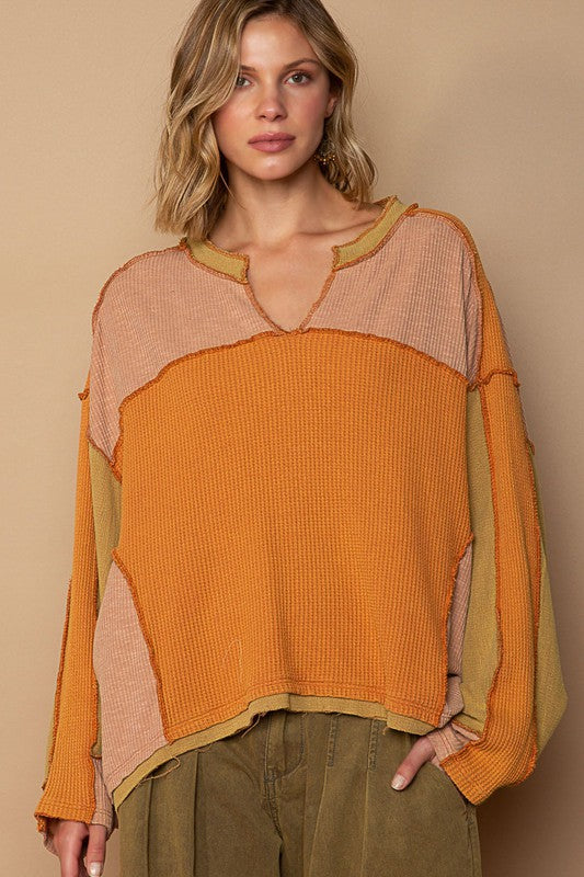 Thermal Ribbed Color Block Knit Top Pumpkin