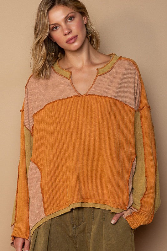 Thermal Ribbed Color Block Knit Top Pumpkin