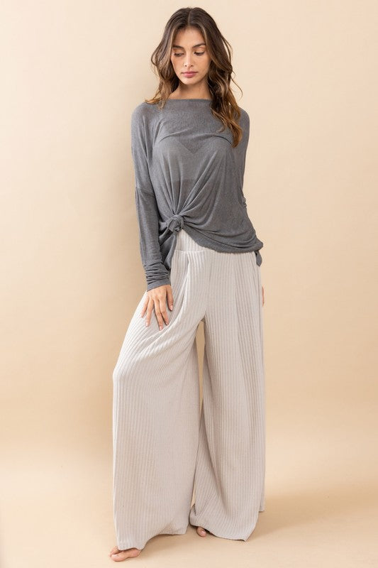 Ribbed Knitted Comfort Palazzo Pants Taupe