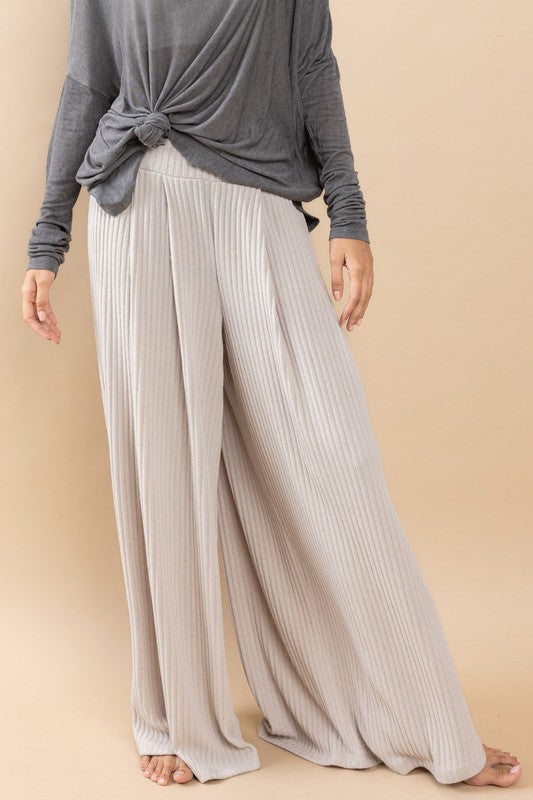 Ribbed Knitted Comfort Palazzo Pants Taupe