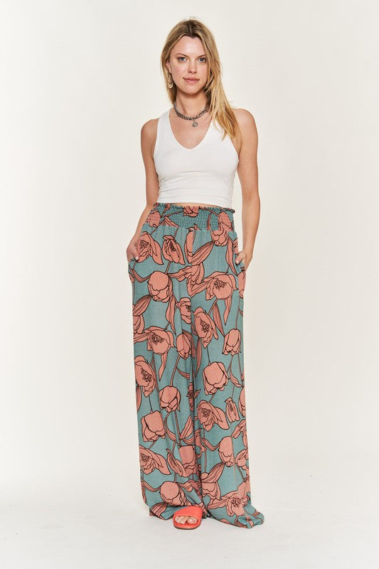 Floral Print Smocked Pants Sage