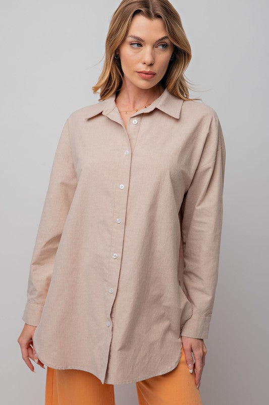 Button Down Cotton Shirt Top Khaki