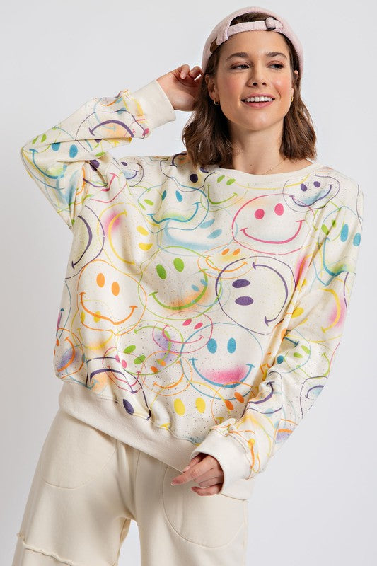 Smiley Happy Face Washed Terry Top Ivory