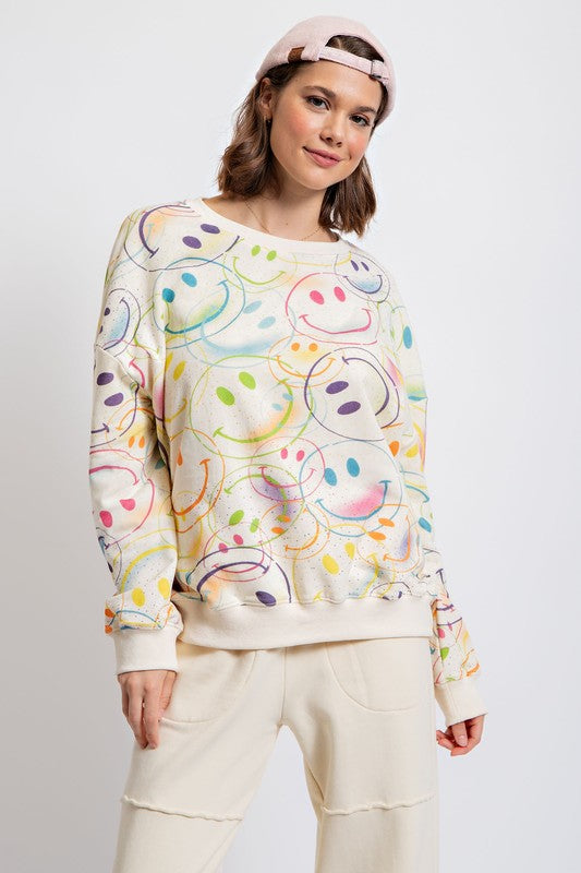 Smiley Happy Face Washed Terry Top Ivory