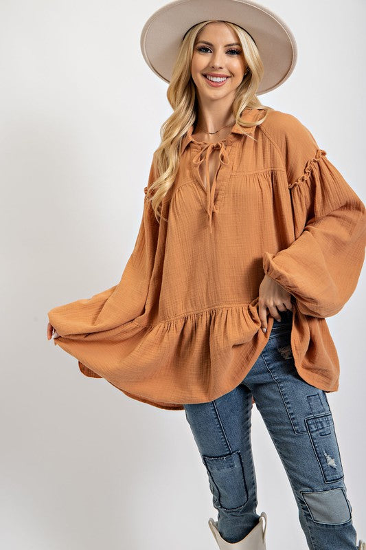 Cotton Gauze Ruffle Bottom Tunic Top Camel